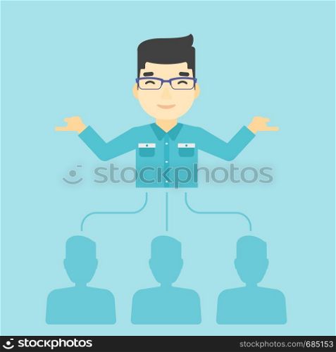 Three employees linked with an asian businessman. Businessman choosing employee. Concept of searching for stuff. Vector flat design illustration. Square layout.. Businessman choosing employee.