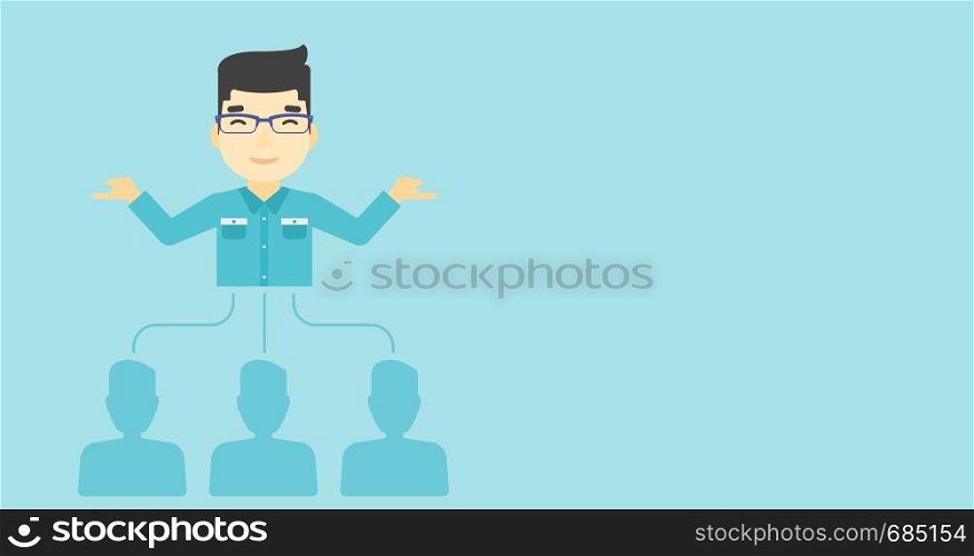 Three employees linked with an asian businessman. Businessman choosing employee. Concept of searching for stuff. Vector flat design illustration. Horizontal layout.. Businessman choosing employee.