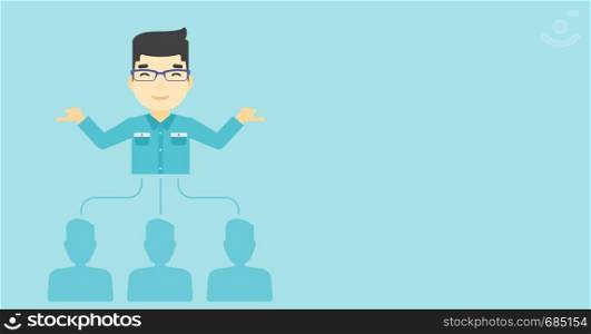Three employees linked with an asian businessman. Businessman choosing employee. Concept of searching for stuff. Vector flat design illustration. Horizontal layout.. Businessman choosing employee.