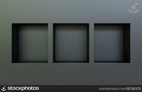 Three empty niches or shelf on black wall 3D mockup