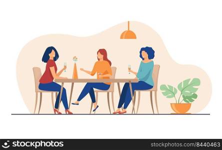 Three female friends sitting in cafe at lunch and talking flat vector illustration. Women hanging out together. Friendship and communication concept.