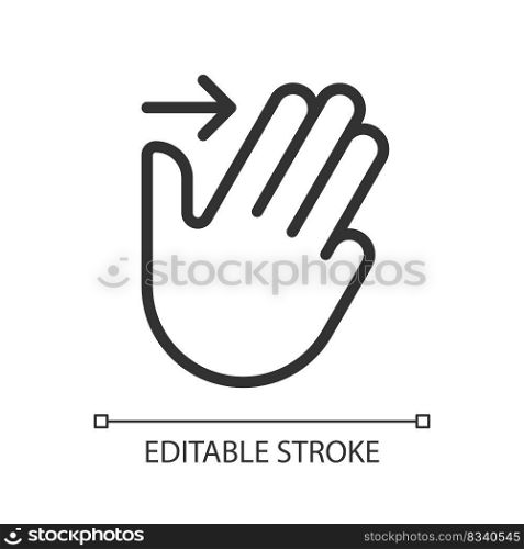 Three finger swipe pixel perfect linear icon. Multi touch control. Touchscreen navigation. Thin line illustration. Contour symbol. Vector outline drawing. Editable stroke. Arial font used. Three finger swipe pixel perfect linear icon