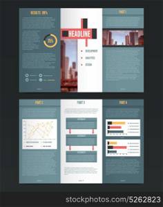 Three Fold Flyer Template. Threefold flyer template with colorful infographics graphs and editable text headlines description paragraphs and diagram legend vector illustration