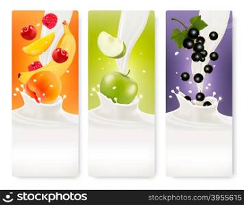Three fruit and milk banners. Vector.