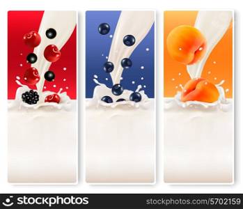 Three fruit and milk banners. Vector.