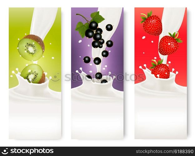 Three fruit and milk labels. Vector.