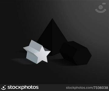 Three geometric prisms set vector illustration, black and white figures, pentagrammic and pentagonal prisms, square pyramid, isolated on dark backdrop. Three Heometric Prisms Set, Vector Illustration