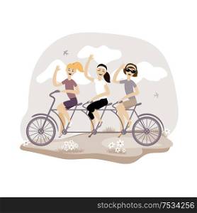 Three girls ride a triple bike. Vector image. Eps 10