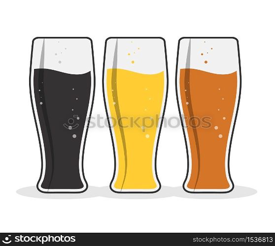 Three glasses of beer for stickers, banners, logos, stickers and theme design. Color simple vector illustration isolated on a white background