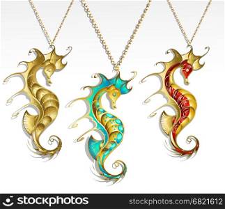 three gold jewelry inlaid seahorse turquoise and red paint with a shiny gold chain&#xA;