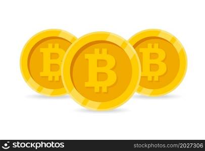 Three golden coins with bitcoin symbol isolated on white background. Trading and price concept. Bitcoin currency crypto coin icon. Vector stock