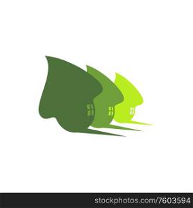 Three green eco houses isolated creative buildings logo. Vector homes in clean ecology concept. Green eco friendly village, three cottages