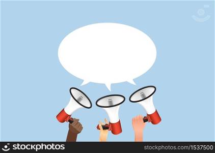 Three hands are holding speakers with speech cloud banner. Cooperative loud notification template of emergency information megaphone announcement discounts and sales promotion marketing vector.. Three hands are holding speakers with speech cloud banner. Cooperative loud notification template of emergency information.