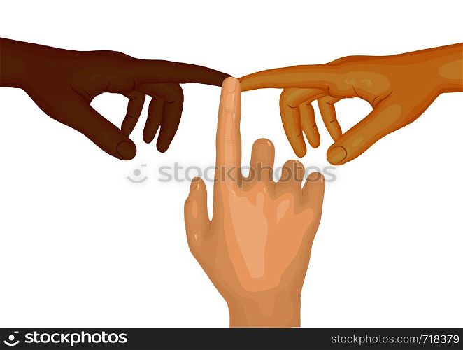 Three hands, Caucasian, African and Asian on white background