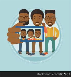 Three happy african-american men spending time together and making a selfie photo using smart phone. Happy guys taking selfie. Vector flat design illustration in the circle isolated on background.. Friends making selfie vector illustration.