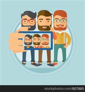 Three happy caucasian hipster men with the beards spending time together having fun and making a selfie photo using smart phone. Vector flat design illustration in the circle isolated on background.. Friends making selfie vector illustration.