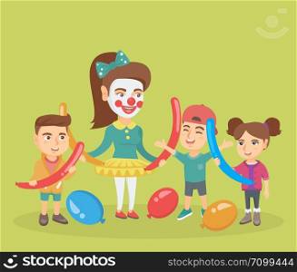 Three happy caucasian kids and young animator making a figure from long balloons at children party. Group of children and animator playing with balloons. Vector cartoon illustration. Square layout.. Children and animator playing with balloons.