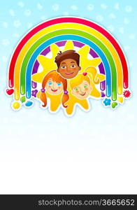 Three happy children in a rainbow and the sun