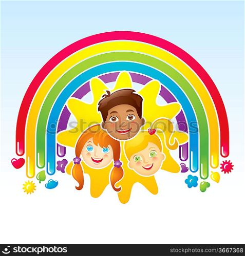 Three happy children in a rainbow and the sun