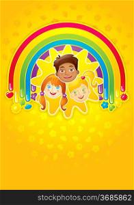Three happy children in a rainbow and the sun - template, vector