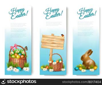 Three Happy Easter banners with Easter eggs in a basket. Vector.