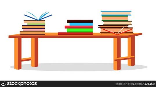 Three heaps of literature with open and closed books lying on table vector illustration on white background graphic design.. Three Heaps of Literature Lying on Table Closeup