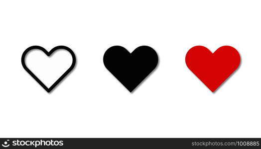 three hearts in different styles: contour, black, red. hearts in different styles: contour, black, red