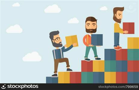 Three hipster Caucasian men with beard carrying blocks putting one by one going up as a sign of increasing sales. Team building concept. A contemporary style with pastel palette soft blue tinted background with desaturated clouds. Vector flat design illustration. Horizontal layout with text space in left side.. . Three men with blocks