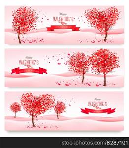 Three Holiday banners. Valentine trees with heart-shaped leaves. Vector