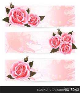 Three holiday banners with pink beautiful roses. Vector