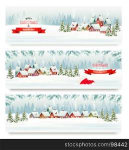 Three Holiday Christmas banners with a winter village and landscape. Vector