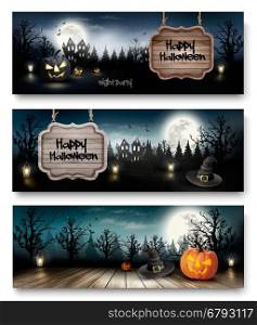 Three Holiday Halloween Banners with Pumpkins. Vector