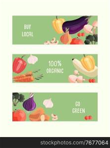 Three horizontal banner templates with fresh organic vegetables and place for text. Colorful hand drawn natural food. Vector illustration. 