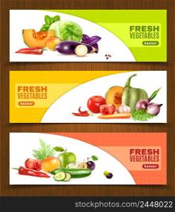 Three horizontal banners with colorful compositions of whole and chopped fresh vegetables and fruits in realistic style vector llustration. Vegetables And Fruits Horizontal Banners