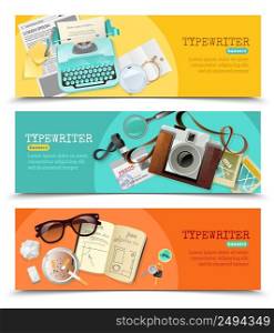 Three horizontal flat banners with vintage journalist typewriter and other tools for work isolated vector illustration. Journalist Vintage Typewriter Banners