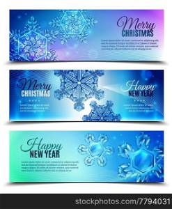 Three horizontal realistic snowflake banner set with marry Christmas and happy new year vector illustration. Realistic Snowflake Banner Set