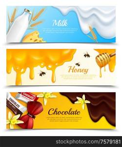 Three horizontal slime splatters blots drips realistic banner set with milk honey and chocolate headline vector illustration
