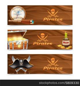 Three horizontal wooden pirate banners with jolly roger rum treasure chest looking glass gold compass and cocked hat isolated vector illustration. Three horizontal pirate banners
