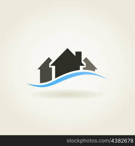 Three houses with a dark blue strip. A vector illustration