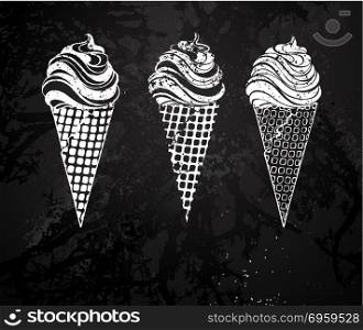 Three ice cream with waffle horn painted with white chalk on a black chalkboard. Drawing with chal. Three ice cream chalk drawing