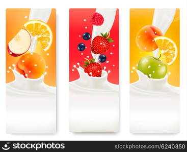 Three labels with different fruit falling into splashes of milk. Vector.