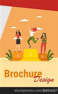 Three leaders standing on podium. Winner celebrating success, second and third place flat vector illustration. Competition, prize, success concept for banner, website design or landing web page