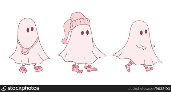 Three little ghosts in different clothes. Hand drawn cute ghosts isolated on white background. Halloween vector illustration