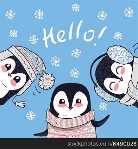 Three Little Penguins Say Greetings. Hello Banner. Hello conceptual banner. Three little penguins saying greetings. Penguin animals in sweater, hat and headphones. Endless texture with polar winter birds. Wallpaper design with cartoon character. Vector