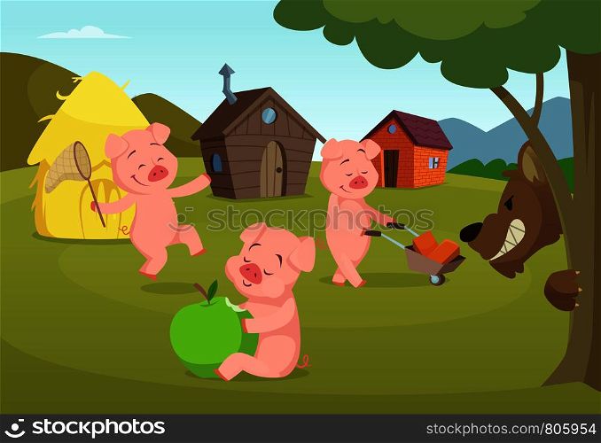 Three little pigs near their small houses and scary wolf. Three pigs and house, fairytale story. Vector illustration. Three little pigs near their small houses and scary wolf