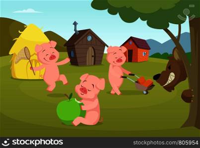 Three little pigs near their small houses and scary wolf. Three pigs and house, fairytale story. Vector illustration. Three little pigs near their small houses and scary wolf