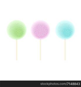 Three Lollipops green, pink, blue. Set isolated on white. icing and sprinkles, Vector illustration. Confection, sweets. For decoration, food, blog, web, print label tag. Three Lollipops green, pink, blue. Set isolated on white. icing and sprinkles, Vector illustration.