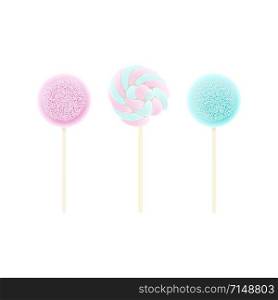 Three Lollipops pink, blue, Rainbow swirl set isolated on white. icing and sprinkles, Vector illustration. Confection, sweets. For decoration, food, blog, web, print label tag. Three Lollipops pink, blue, Rainbow swirl set isolated on white. icing and sprinkles, Vector illustration.