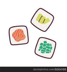 Three maki rolls with fish and vegetables semi flat colour vector object. Avocado, salmon sushi. Editable cartoon style icon on white. Simple spot illustration for web graphic design and animation. Three maki rolls with fish and vegetables semi flat colour vector object