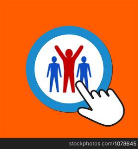 Three male figures icon. Team, leadership concept. Hand Mouse Cursor Clicks the Button. Pointer Push Press